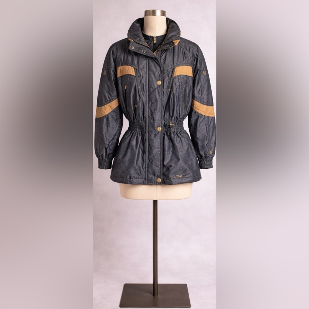 Vintage 90s DESCENTE Luxury Ski Puffer Jacket Gray Black Bronze Gold Hardware